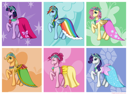 Size: 3240x2400 | Tagged: safe, artist:dragonina, applejack, fluttershy, pinkie pie, rainbow dash, rarity, twilight sparkle, g4, bridesmaid dress, clothes, dress, flutterbeautiful, gown, mane six