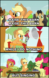 Size: 500x786 | Tagged: safe, edit, edited screencap, screencap, apple bloom, apple rose, applejack, babs seed, braeburn, golden delicious, half baked apple, red gala, wensley, earth pony, pony, apple family reunion, g4, apple family member, comic, female, filly, male, mare, raise this barn, screencap comic, stallion