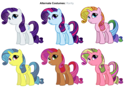 Size: 3400x2400 | Tagged: safe, artist:pika-robo, cherry spices, lemon hearts, lulu luck, rarity, sparkler (g1), pony, unicorn, g1, g3, g4, alternate clothes, female, g1 to g4, g3 to g4, generation leap, mare, palette swap, recolor, simple background, transparent background, vector