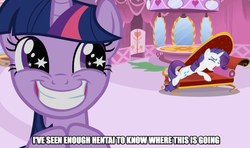 Size: 945x561 | Tagged: safe, edit, edited screencap, screencap, rarity, twilight sparkle, g4, lesson zero, carousel boutique, couch, fainting couch, image macro