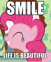 Size: 472x568 | Tagged: safe, edit, edited screencap, screencap, pinkie pie, pony, g4, green isn't your color, cropped, eyes closed, female, good advice, hub logo, image macro, positive ponies, smiling, solo