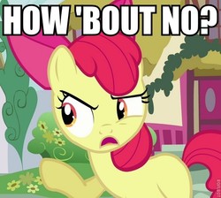Size: 600x537 | Tagged: safe, apple bloom, earth pony, pony, g4, female, filly, how about no, image macro, no, open mouth, pointing, reaction image, solo