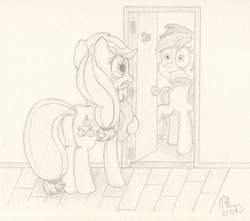 Size: 1700x1500 | Tagged: safe, artist:ramott, applejack, rainbow dash, earth pony, pegasus, pony, g4, duo, monochrome, traditional art