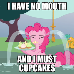 Size: 600x600 | Tagged: safe, edit, edited screencap, screencap, pinkie pie, g4, magic duel, cropped, crying, cupcake, i have no mouth and i must scream, image macro, no mouth, ocular gushers