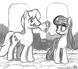 Size: 800x711 | Tagged: safe, artist:johnjoseco, frederic horseshoepin, octavia melody, earth pony, pony, g4, bouquet, female, flower, fredtavia, grayscale, male, mare, monochrome, mouth hold, shipping, sketch, smiling, stallion, straight