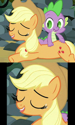 Size: 348x580 | Tagged: safe, edit, edited screencap, screencap, applejack, spike, dragon, earth pony, pony, g4, spike at your service, butt touch, comic, female, hand on butt, male, mare, massage, meme, out of context, petting, screencap comic, ship:applespike, shipping, straight, yaranaika