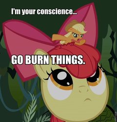 Size: 577x600 | Tagged: safe, edit, edited screencap, screencap, apple bloom, applejack, earth pony, pony, bridle gossip, g4, :c, angry, appletini, artifact, conscience, cross-eyed, fire, floppy ears, frown, image macro, looking up, micro, open mouth, pyromaniac, this will end in fire