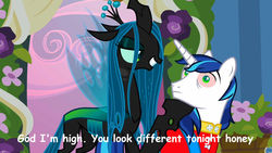 Size: 1280x720 | Tagged: safe, queen chrysalis, shining armor, g4, comic sans, drugs, high