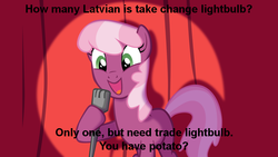 Size: 1008x567 | Tagged: safe, cheerilee, g4, cheerilee pun, engrish, exploitable meme, female, latvian joke, mare, meme, open mouth, open smile, smiling