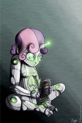 Size: 800x1200 | Tagged: safe, artist:el-creepo, sweetie belle, android, gynoid, human, robot, g4, female, game boy, horn, horned humanization, humanized, sitting, solo, sweetie bot