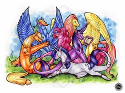 Size: 1200x886 | Tagged: safe, artist:dragonlovers, applejack, fluttershy, pinkie pie, rainbow dash, rarity, twilight sparkle, dracony, dragon, hybrid, g4, dragonified, dragonjack, flutterdragon, mane six, pinkiedragon, rainbow dragon, raridragon, species swap, twilidragon