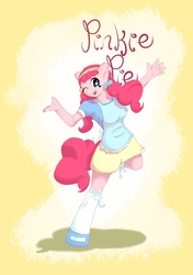 Size: 1626x2313 | Tagged: safe, artist:tesslashy, pinkie pie, earth pony, anthro, unguligrade anthro, g4, alternate hairstyle, apron, blouse, bow, clothes, female, frilly skirt, frilly socks, hoof shoes, hoofbeat, mary janes, one eye closed, shirt, shoes, skirt, socks, solo, wink