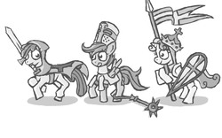 Size: 960x600 | Tagged: safe, artist:monoglyph, apple bloom, scootaloo, sweetie belle, earth pony, pegasus, pony, unicorn, g4, armor, cape, christianity, clothes, cross, crown, crusader, cutie mark crusaders, fantasy class, flag, flail, grayscale, grin, helmet, hood, jewelry, kite shield, knight, knights templar, looking at each other, monochrome, paladin, regalia, shield, simple background, smiling, spread wings, sword, warrior, weapon, white background, wings