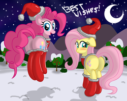 Size: 1499x1200 | Tagged: safe, artist:ziemniax, fluttershy, pinkie pie, earth pony, pegasus, pony, g4, blushing, butt, christmas, clothes, duo, female, hat, looking back, mare, plot, plot pair, santa costume, santa hat, socks, stockings, thigh highs