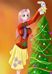 Size: 2480x3507 | Tagged: safe, artist:viracon, angel bunny, fluttershy, g4, breasts, busty fluttershy, christmas, christmas tree, clothes, humanized, skirt, tree