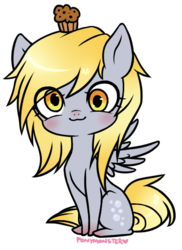 Size: 378x519 | Tagged: safe, artist:ponymonster, derpy hooves, pegasus, pony, g4, female, mare, muffin, simple background, solo, transparent background