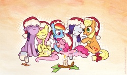 Size: 900x532 | Tagged: safe, artist:naroclie, applejack, fluttershy, pinkie pie, rainbow dash, rarity, twilight sparkle, pony, unicorn, g4, candle, christmas, cookie, female, floppy ears, hat, lesbian, mane six, milk, santa hat, ship:pinkiedash, ship:rarijack, ship:twishy, shipping, unicorn twilight