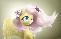 Size: 2769x1785 | Tagged: dead source, safe, artist:mlpanon, fluttershy, butterfly, pegasus, pony, g4, cute, female, flower, flower in hair, mare, one eye closed, shyabetes, smiling, solo, windswept mane, wings, wink