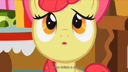 Size: 1680x945 | Tagged: safe, screencap, apple bloom, call of the cutie, g4, youtube caption