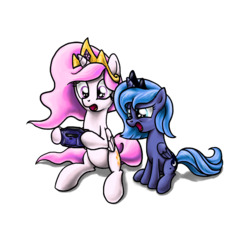 Size: 1080x1080 | Tagged: safe, artist:myminiatureequine, princess celestia, princess luna, pony, cewestia, cute, duo, filly, frown, game boy, game boy advance, glare, hoof hold, nintendo, open mouth, pink-mane celestia, s1 luna, simple background, sitting, transparent background, video game, wide eyes, woona, younger