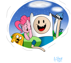Size: 1700x1500 | Tagged: safe, artist:icebreak23, pinkie pie, g4, adventure time, crossover, finn the human, jake the dog, male, mordecai, regular show