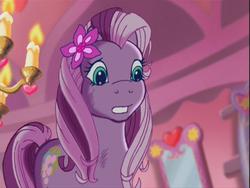Size: 640x480 | Tagged: safe, screencap, wysteria, earth pony, pony, g3, the princess promenade, candle, female, fire, flower, flower in hair, mare, mirror, multicolored mane, multicolored tail, teal eyes, worried
