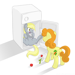 Size: 1250x1250 | Tagged: safe, artist:inceri, carrot top, derpy hooves, golden harvest, earth pony, pegasus, pony, g4, duo, featureless crotch, female, i emptied your fridge, mare, pony in fridge, refrigerator, simple background, tongue out, white background