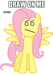 Size: 569x800 | Tagged: safe, fluttershy, pegasus, pony, g4, 1000 hours in ms paint, ambiguous facial structure, caption, draw on me, full face view, looking at you, simple background, solo, spread wings, standing, text, white background, wings