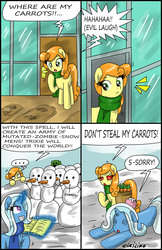 Size: 1862x2876 | Tagged: safe, artist:ciriliko, carrot top, golden harvest, trixie, g4, carrot, clothes, comic, creeper, red eyes, scarf, snow, snowman