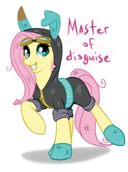 Size: 1181x1578 | Tagged: dead source, safe, artist:spiggy-the-cat, fluttershy, pegasus, pony, g4, bunny ears, clothes, dangerous mission outfit, female, goggles, grin, hoodie, mare, master of disguise, raised hoof, simple background, smiling, solo, transparent background