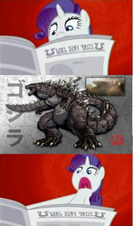 Size: 353x599 | Tagged: safe, rarity, kaiju, pony, unicorn, g4, my little pony: friendship is magic, ponyville confidential, exploitable meme, female, godzilla, godzilla (series), godzilla 2014, horn, i'll destroy her, mare, matt frank, meme, newspaper meme, open mouth