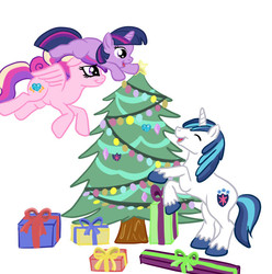 Size: 812x819 | Tagged: safe, artist:kuromi, princess cadance, shining armor, twilight sparkle, g4, christmas, christmas tree, hearth's warming eve, holiday, hoofy-kicks, tree