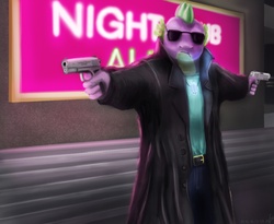 Size: 1100x900 | Tagged: safe, artist:lizardeng, spike, g4, beefspike, dual wield, gun, hotline miami, m1911, nightclub, pistol, sunglasses