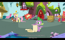 Size: 1024x640 | Tagged: safe, screencap, big macintosh, fluttershy, spike, winona, dragon, earth pony, pegasus, pony, g4, spike at your service, female, male, mare, stallion, youtube caption