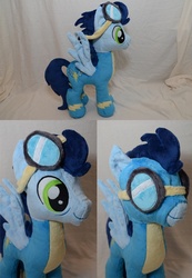 Size: 693x1000 | Tagged: safe, artist:makeshiftwings30, soarin', pegasus, pony, g4, clothes, goggles, irl, photo, plushie, solo, spread wings, uniform, wings, wonderbolts uniform