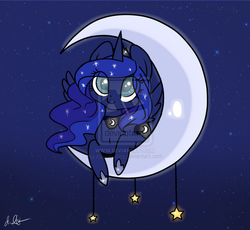 Size: 900x828 | Tagged: dead source, safe, artist:rannarbananar, princess luna, pony, g4, crescent moon, deviantart watermark, female, moon, obtrusive watermark, solo, stars, tangible heavenly object, transparent moon, watermark