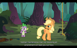 Size: 1024x640 | Tagged: safe, screencap, applejack, spike, dragon, earth pony, pony, g4, spike at your service, everfree forest, female, male, mare, rope, youtube caption