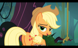 Size: 1024x640 | Tagged: safe, screencap, applejack, earth pony, pony, g4, spike at your service, female, lidded eyes, mare, youtube caption