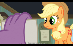 Size: 1024x640 | Tagged: safe, edit, edited screencap, screencap, applejack, spike, earth pony, pony, g4, spike at your service, caption, female, male, mare, ship:applespike, shipping, straight, text, youtube caption