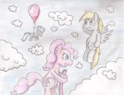 Size: 900x692 | Tagged: safe, artist:shinkuma, derpy hooves, lyra heartstrings, pinkie pie, pegasus, pony, g4, balloon, female, mare, traditional art