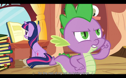 Size: 1024x640 | Tagged: safe, screencap, spike, twilight sparkle, dragon, pony, unicorn, g4, spike at your service, female, male, mare, youtube caption