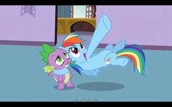 Size: 1024x640 | Tagged: safe, screencap, rainbow dash, spike, dragon, pegasus, pony, g4, spike at your service, female, male, mare, youtube caption