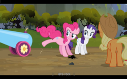 Size: 1024x640 | Tagged: safe, screencap, applejack, pinkie pie, rarity, earth pony, pony, unicorn, g4, spike at your service, female, mare, party cannon, youtube caption
