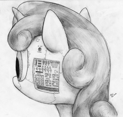 Size: 1440x1379 | Tagged: safe, artist:jarwall, sweetie belle, pony, robot, robot pony, unicorn, g4, black and white, control panel, female, filly, foal, grayscale, horn, monochrome, solo, sweetie bot