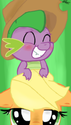 Size: 800x1400 | Tagged: dead source, safe, artist:misspolycysticovary, applejack, spike, dragon, pony, g4, blushing, cute, duo, eyes closed, female, green background, male, ship:applespike, shipping, simple background, straight