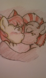 Size: 768x1280 | Tagged: dead source, safe, artist:bronybeforepony, apple bloom, babs seed, earth pony, pony, g4, duo, female, incest, kiss on the lips, kissing, lesbian, ship:appleseed, shipping, traditional art