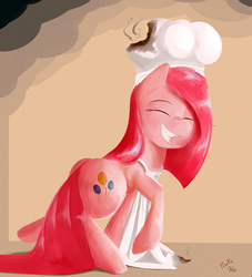 Size: 979x1080 | Tagged: dead source, safe, artist:jailbait, pinkie pie, earth pony, pony, g4, apron, burned, chef's hat, clothes, cooking, cute, cuteamena, female, grin, happy, hat, pinkamena diane pie, smiling, smoke, solo