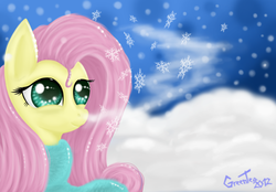 Size: 1920x1334 | Tagged: safe, artist:onlygreentea, fluttershy, pony, g4, female, snow, snowfall, solo