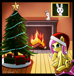 Size: 2568x2612 | Tagged: safe, artist:porkchopsammie, angel bunny, fluttershy, g4, backlighting, christmas, christmas tree, female, fireplace, framed picture, hat, holiday, mare, present, santa hat, smiling, tree