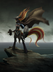 Size: 1022x1400 | Tagged: safe, artist:cosmicunicorn, oc, oc only, anthro, anthro oc, armor, cape, cliff, clothes, commission, hammer, shield, solo, viking, weapon